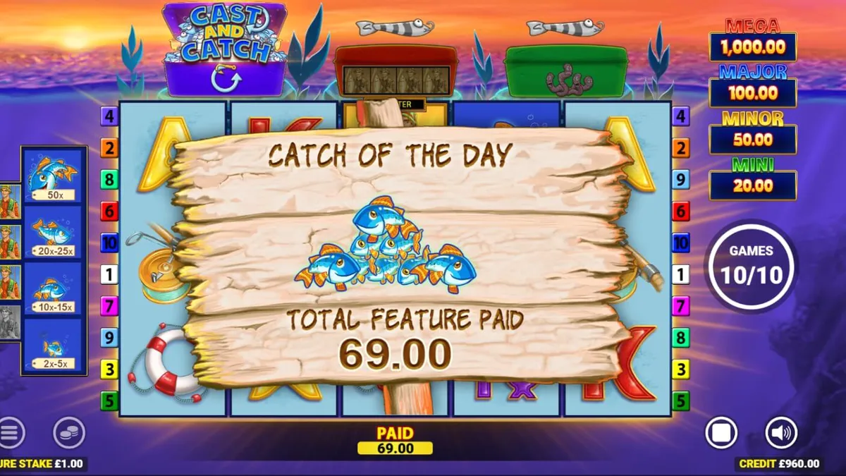 Tampilan visual slot Fishin Frenzy Lure Em In dengan latar belakang danau yang tenang dan simbol-simbol bertema memancing.