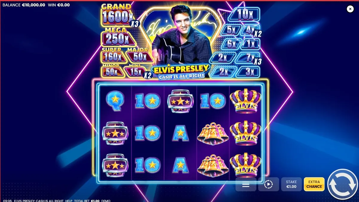 Tampilan visual slot Elvis Presley: Cash is All Right dengan nuansa neon Vegas