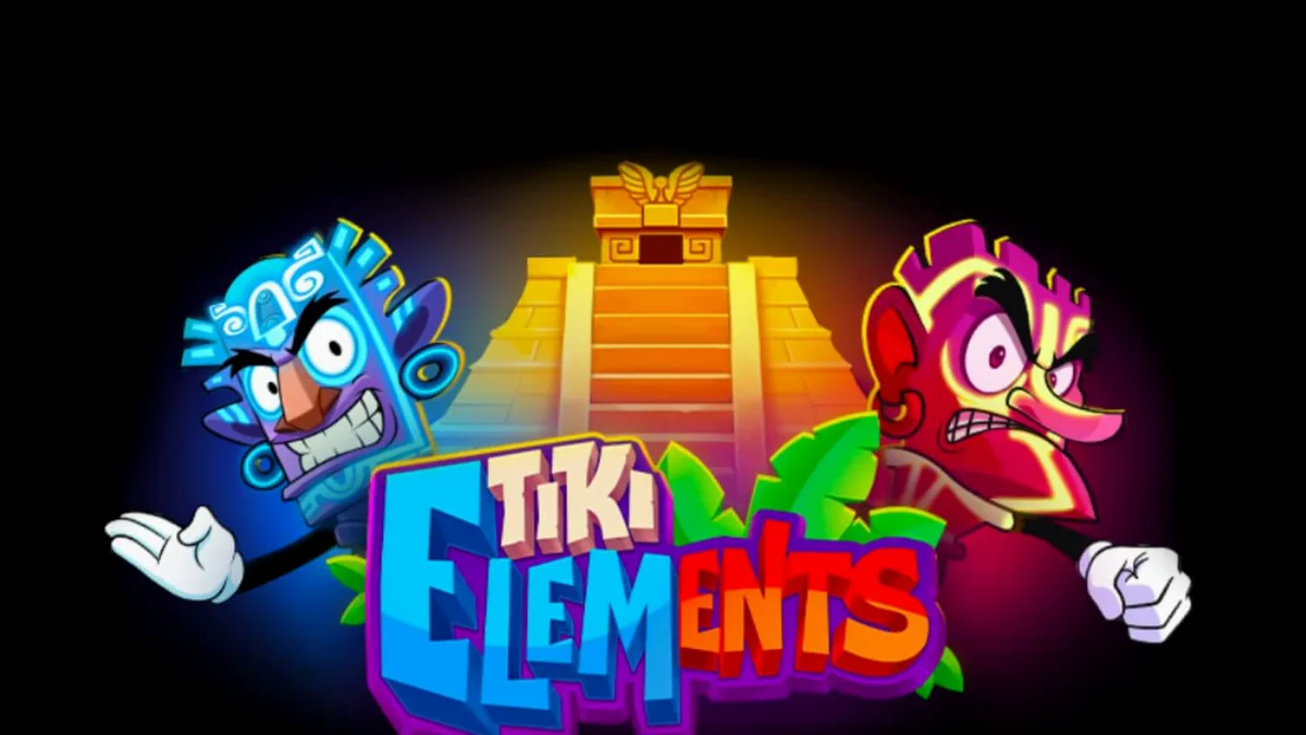 Tampilan visual permainan slot Tiki Elements dengan tema tropis dan simbol topeng Tiki.
